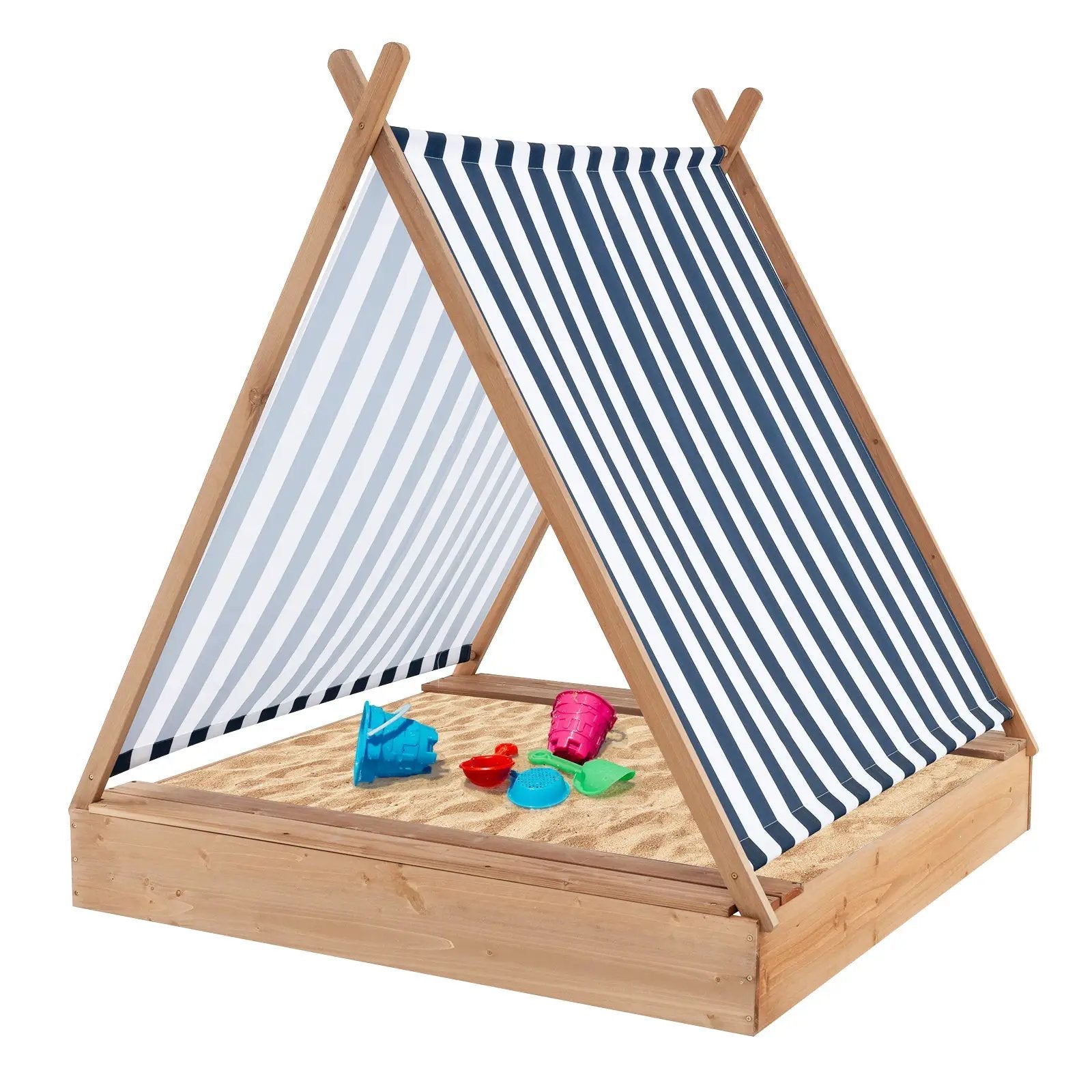 49 x 48 Inch Kids Wooden Sandbox with Cover and 2 Bench Seats by DirectDeals
