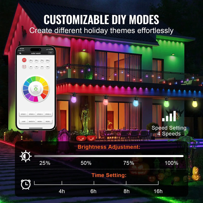 RGB Outdoor String Lights, 50FT with APP Control by HouseOfZazla