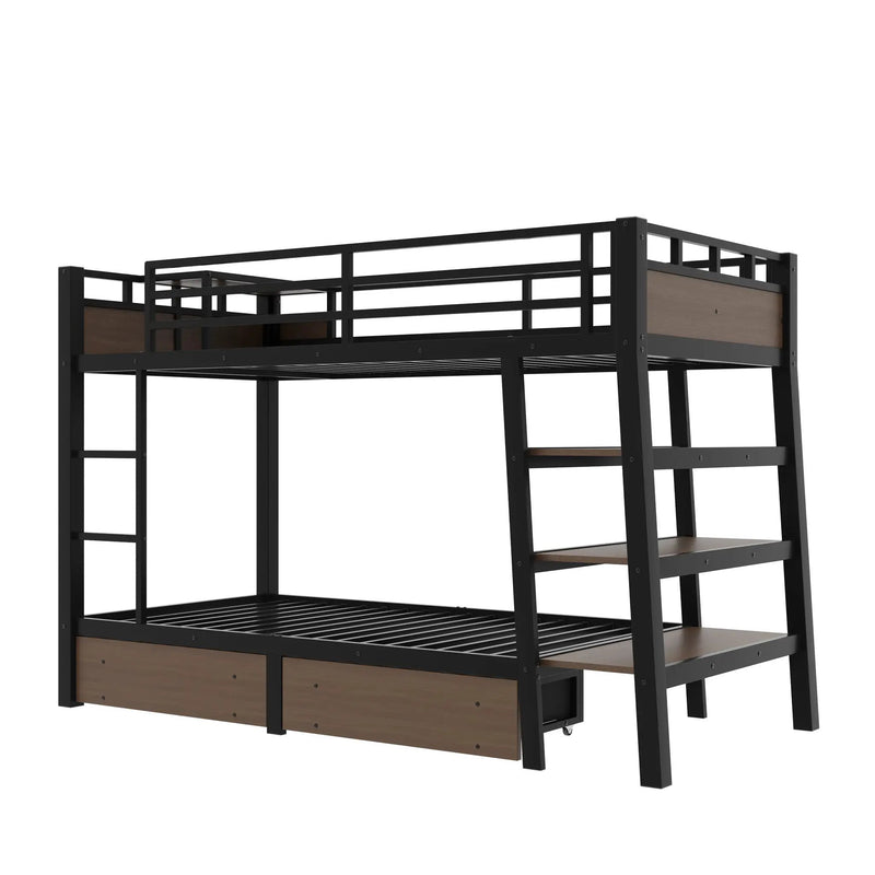 Twin Size Metal Bunk Bed with Storage Shelves, LED Light Strip, and USB Power Strip by HouseOfZazla