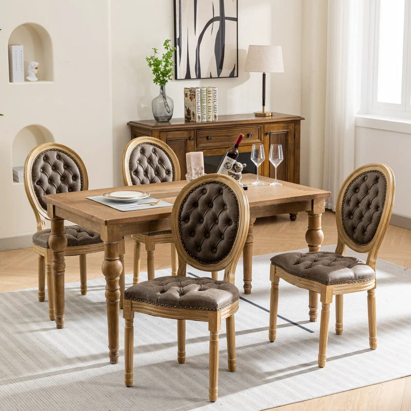 French Style Solid Wood Frame Antique Painting, Hand-Pulled Buckle Decoration Artificial Dining Chair With Nailhead Trim, Wood Legs by HouseOfZazla