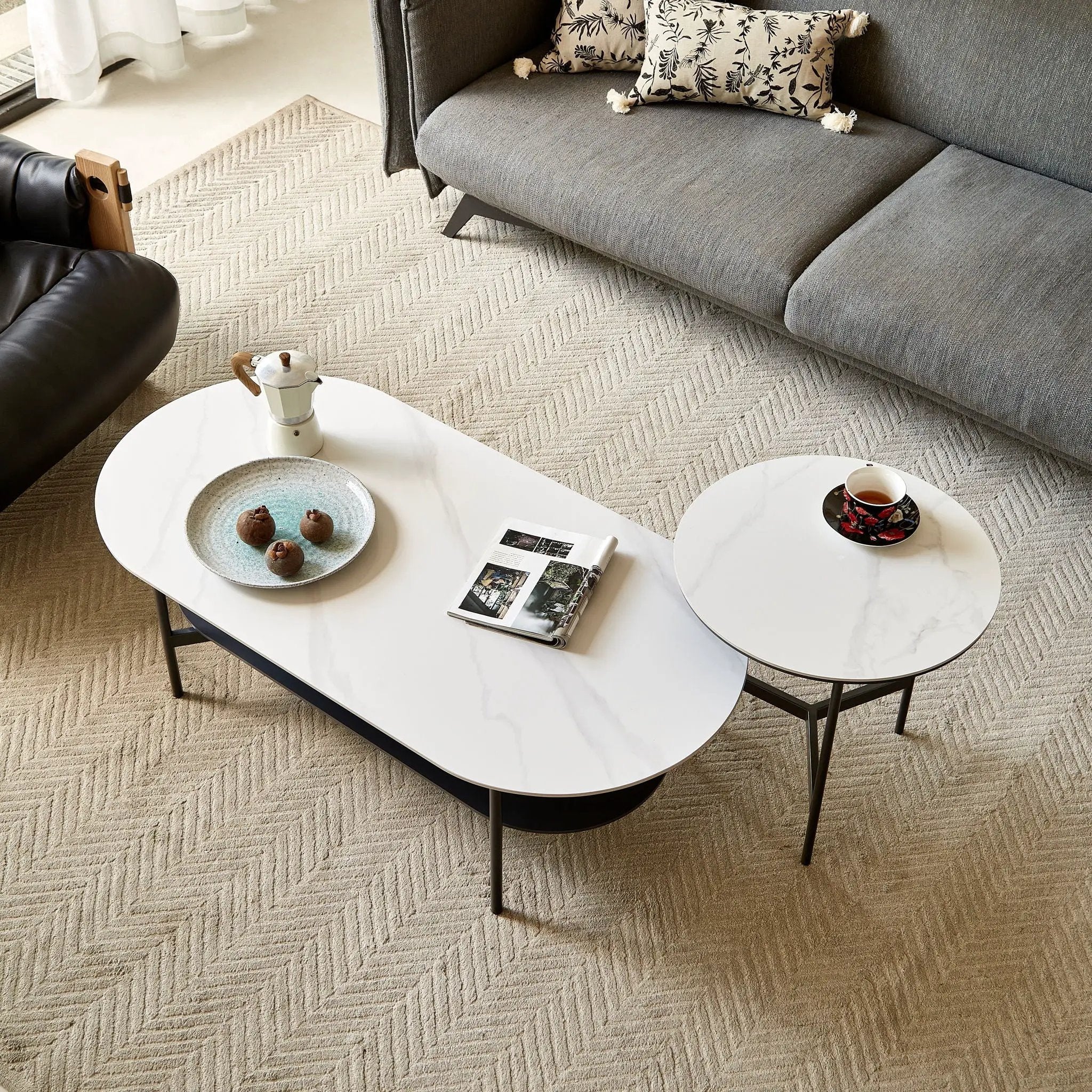 Contemporary Coffee Table Sintered Stone Surface With Ceramic Finish Double Layer Design Base Matte Shelf Modern Living Room Center Table - White / Gray by Unique Piece Furniture