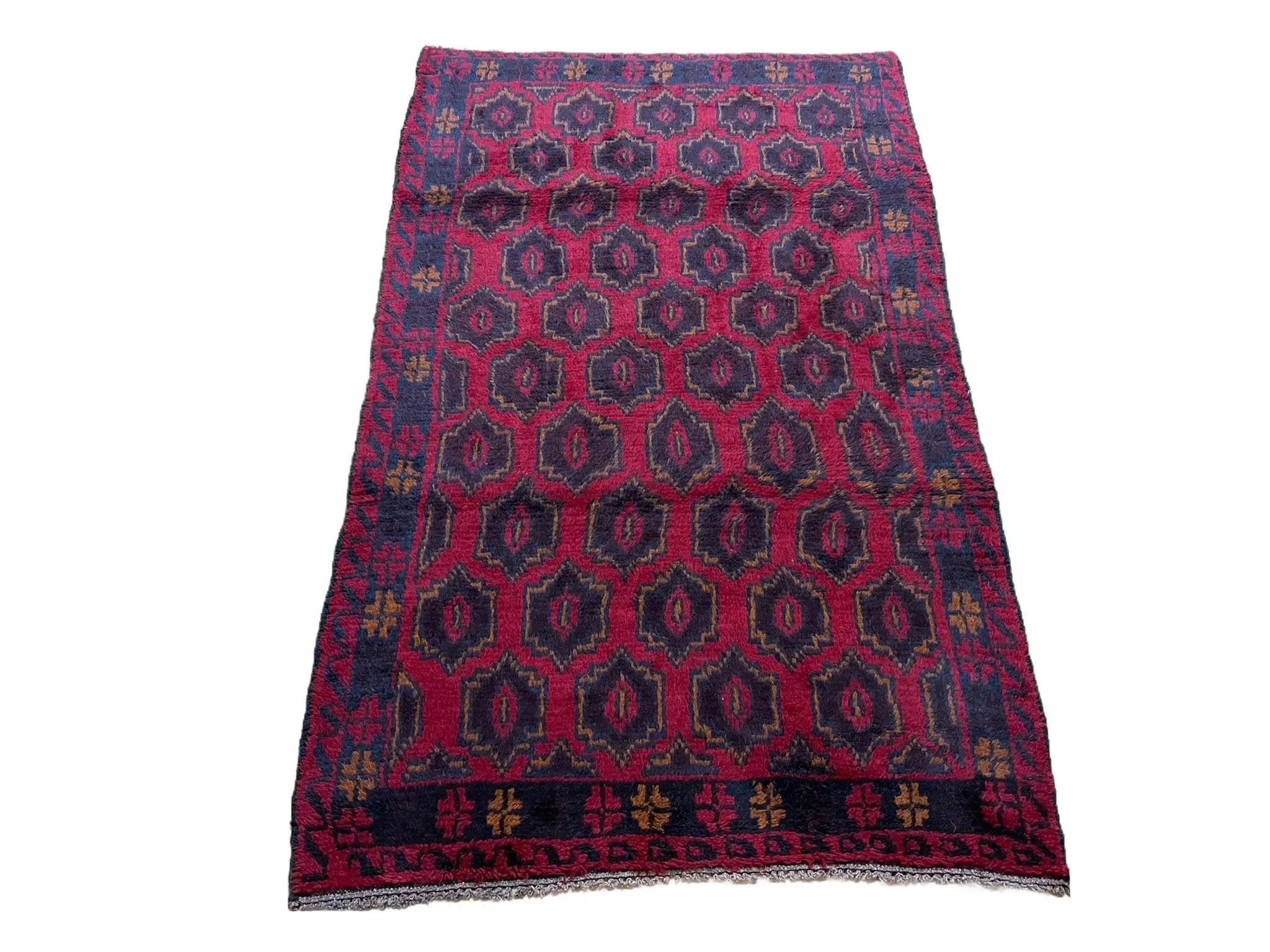 2' 10" X 4'7" Vintage Handmade Tribal Wool Rug Balouchi Rug Afghan Rug Red Blue by Jewel Rugs