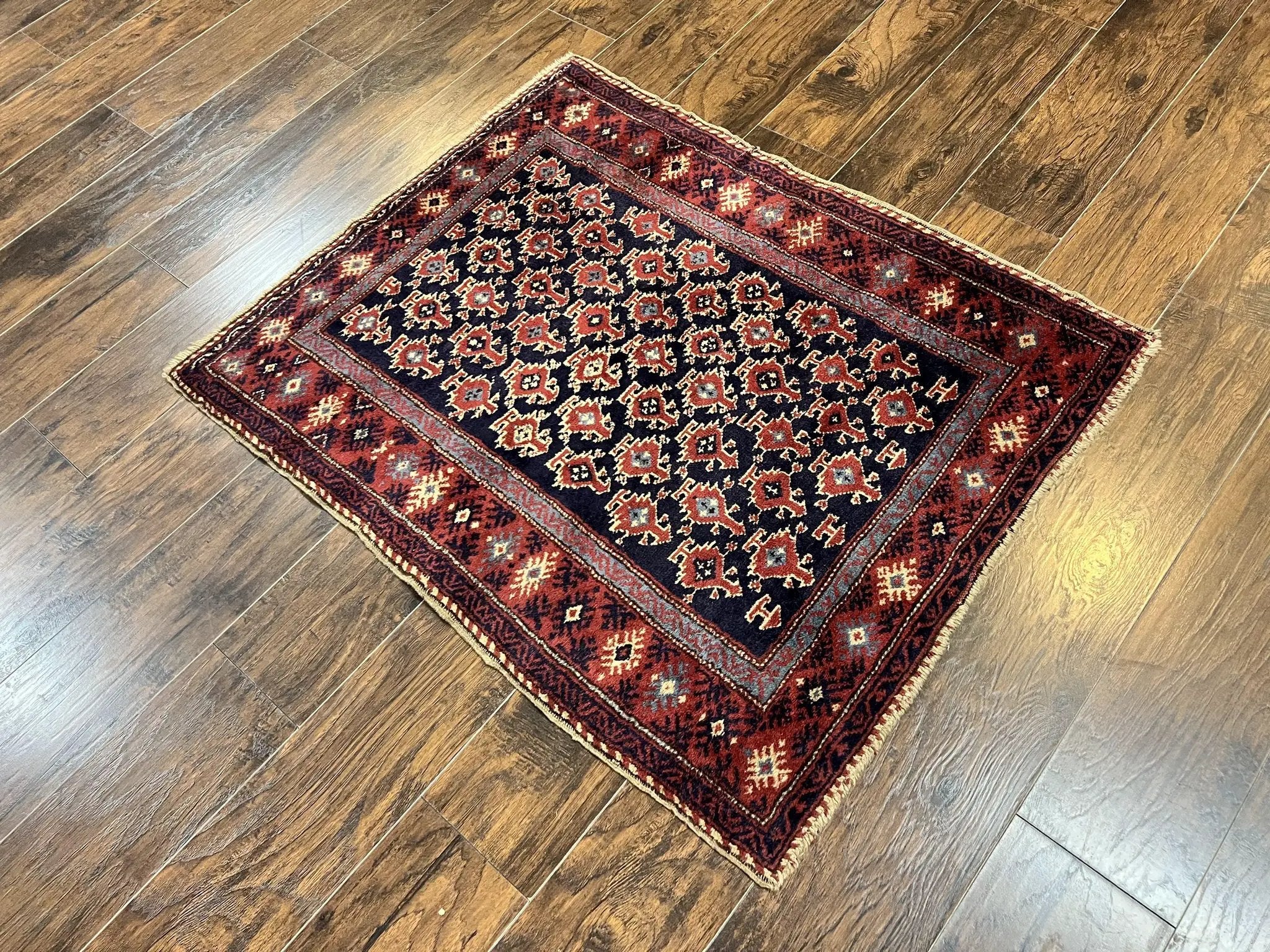 Turkish Sparta Rug 3x4, Allover Pattern, Navy Blue and Red, Antique Ispara Oriental Carpet 3 x 4, Small Turkish Handmade Vintage Wool Rug by Jewel Rugs