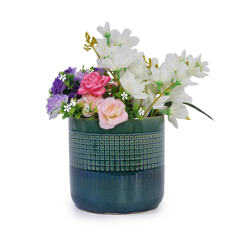 Set of 3 Grid Ceramic Flowerpot, Modern Planter for Patio, Garden, Windowsill - Blue Green by HouseOfZazla