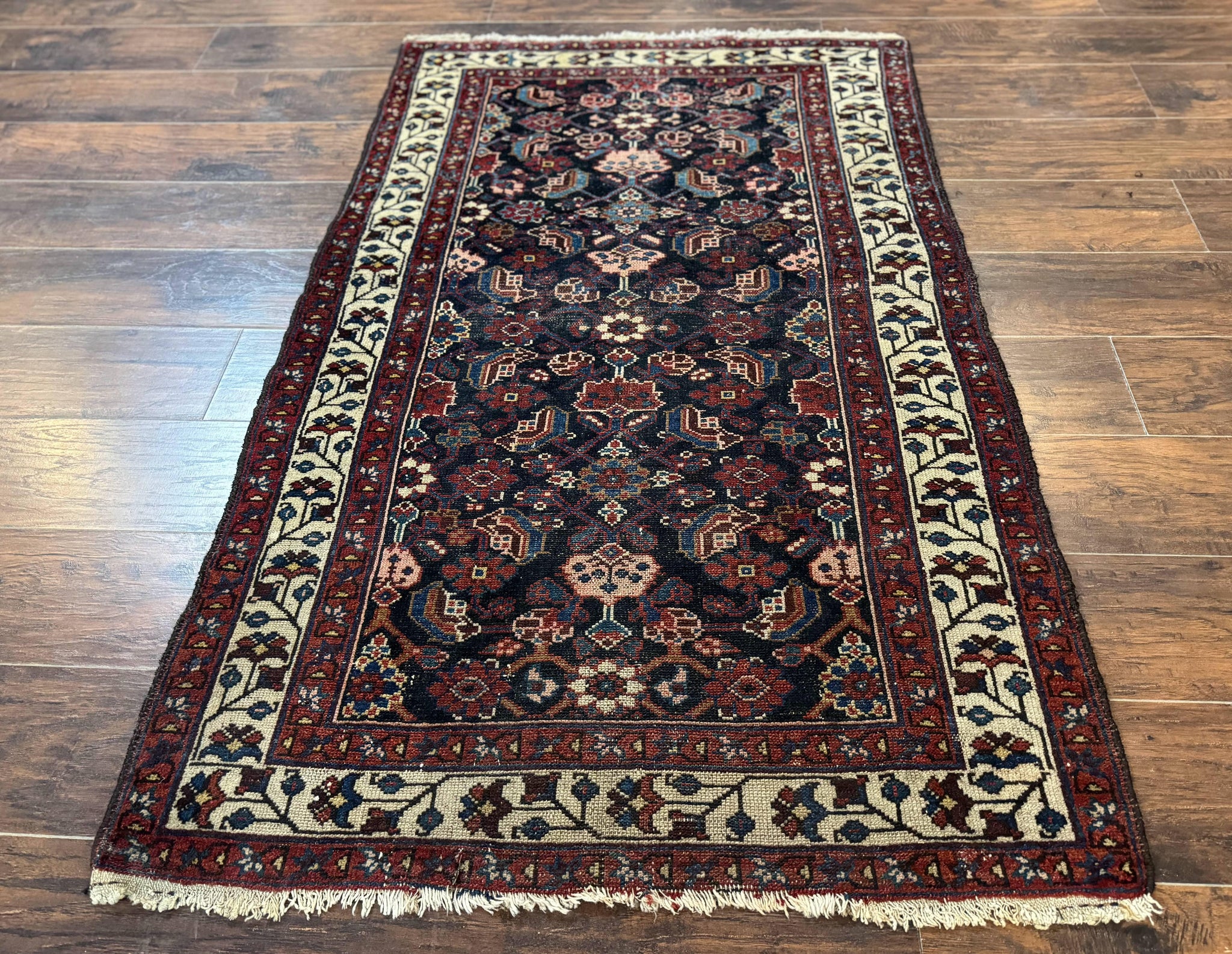 Navy Blue Antique Persian Rug 3x6, Blue and Ivory Persian Carpet, Handmade 1920s Hamadan Rug by Jewel Rugs