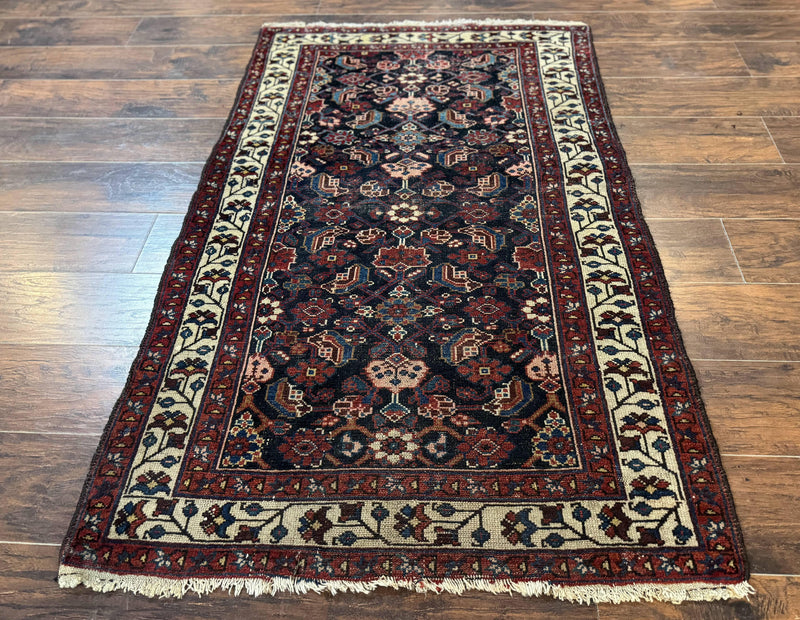 Navy Blue Antique Persian Rug 3x6, Blue and Ivory Persian Carpet, Handmade 1920s Hamadan Rug by Jewel Rugs