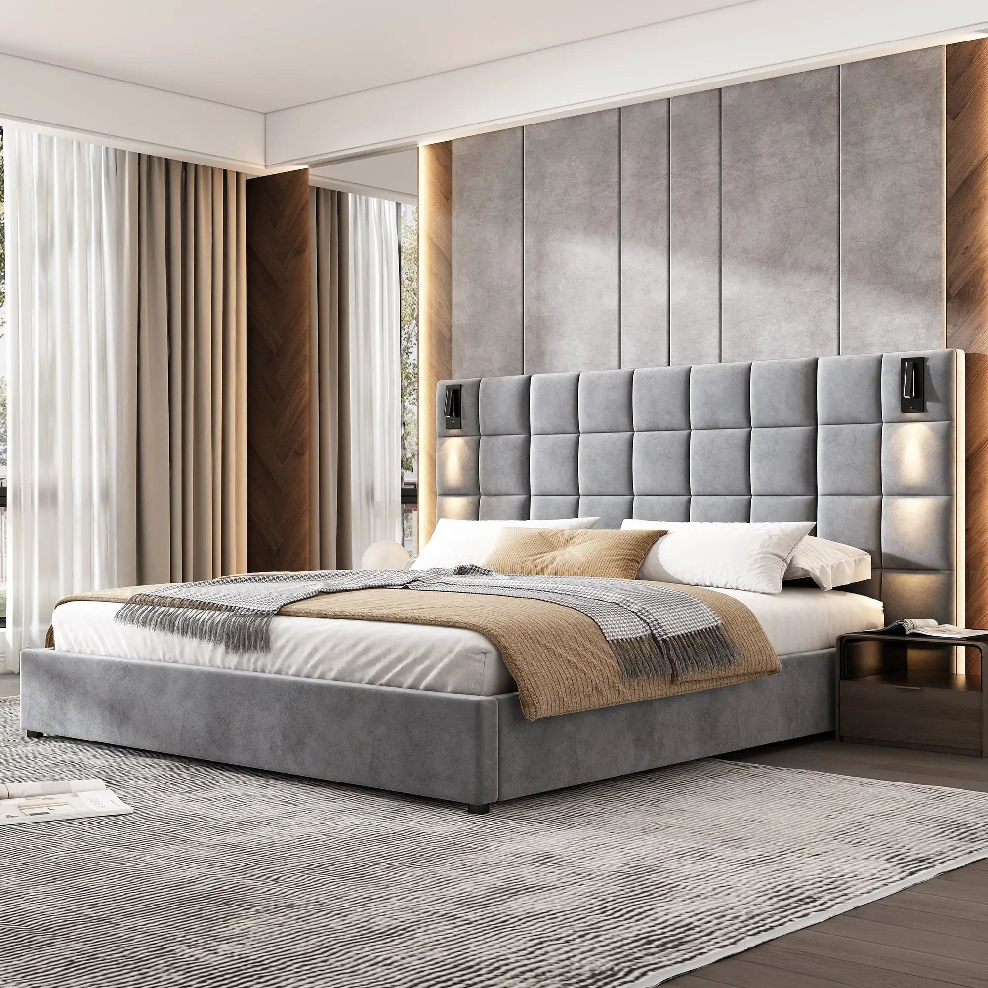 King Size Upholstered Bed Frame with Wall Sconce and USB Port by HouseOfZazla
