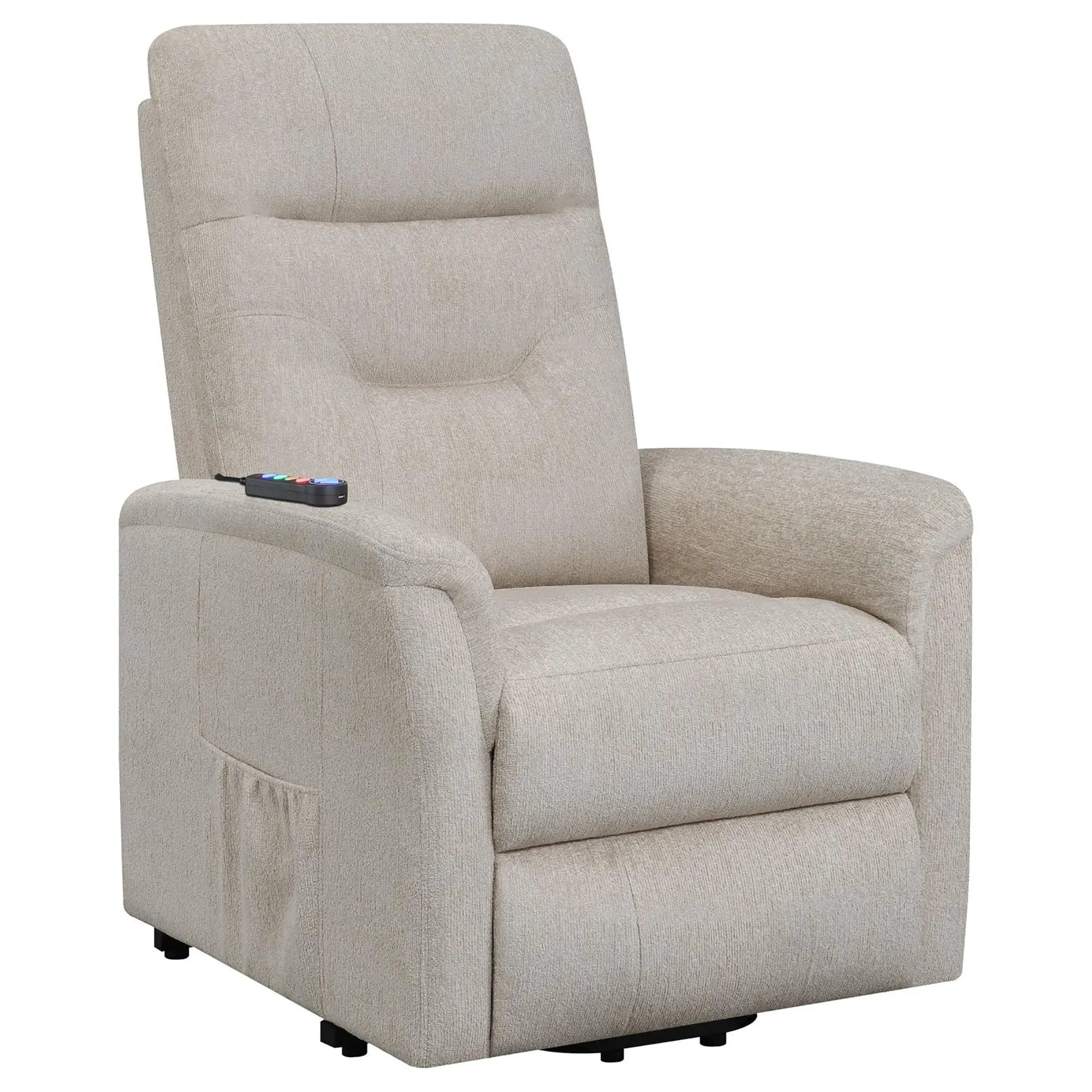 Upholstered Power Lift Recliner With Storage Pocket And USB Charging - Beige by HouseOfZazla