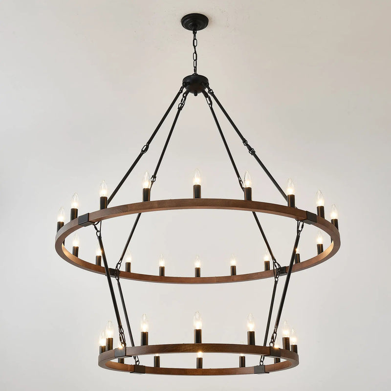 Large Solid Wood Wagon Wheel Chandelier, 2-Tier 32-Lights by HouseOfZazla