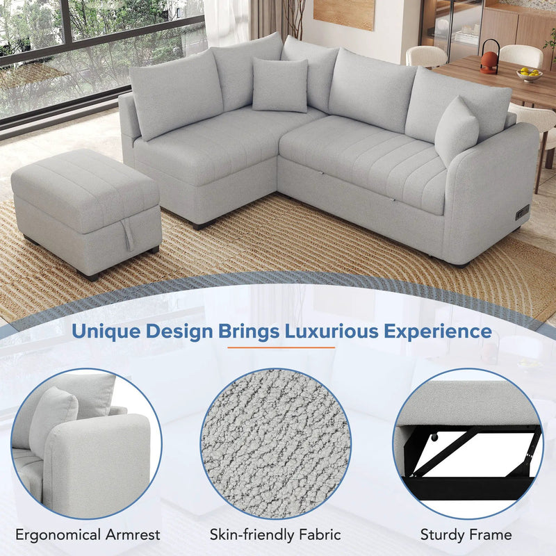 L-Shaped Sectional Pull Out Sofa Bed Sleeper Sofa With Two USB Ports, Two Power Sockets And A Movable Storage Ottoman by HouseOfZazla