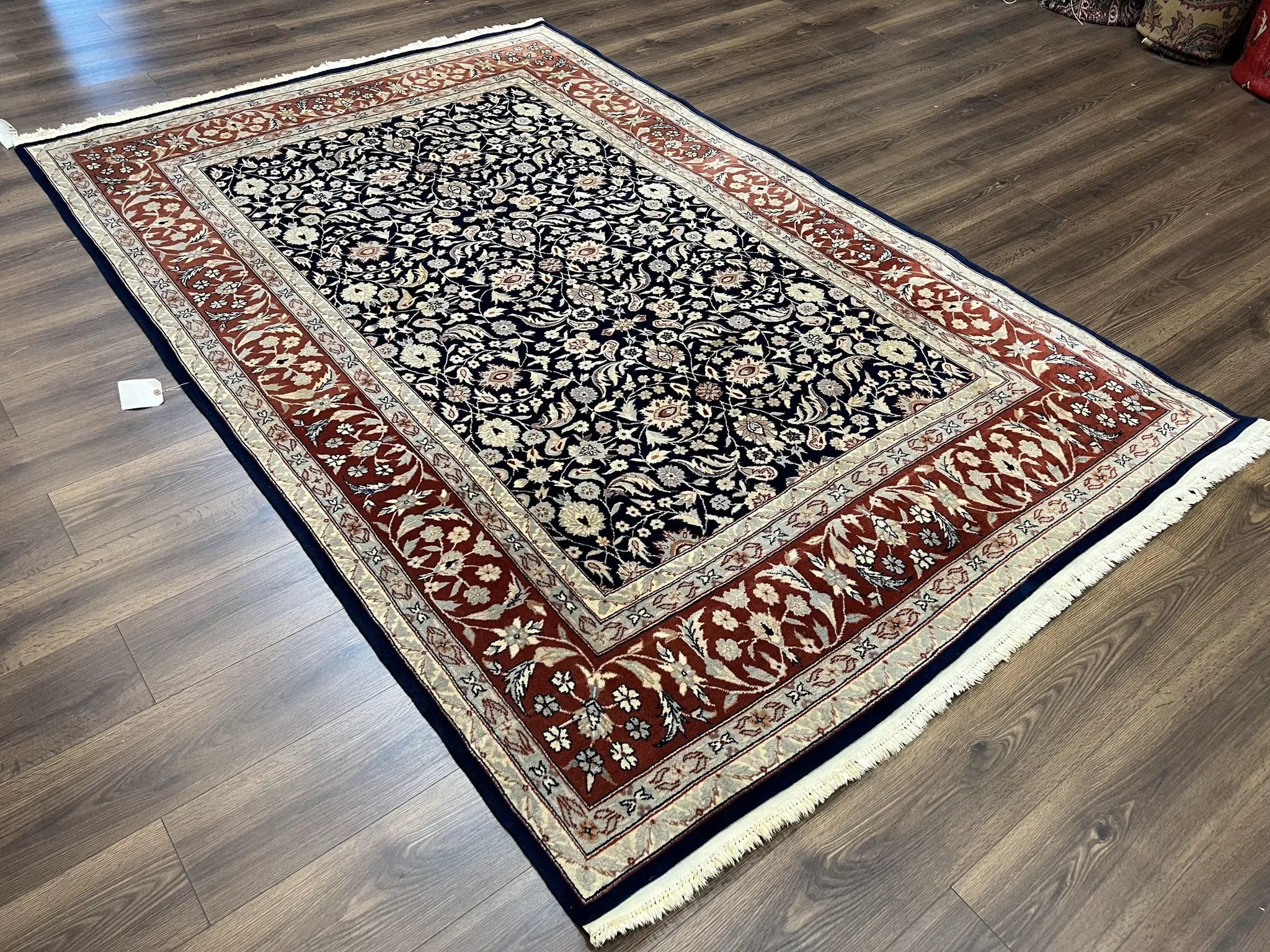 Indo Sarouk Rug 6x9, Vintage Indian Persian Rug, Wool Oriental Carpet, Navy Blue Red Allover Floral Rug, Traditional Very Fine Rug, Area Rug by Jewel Rugs