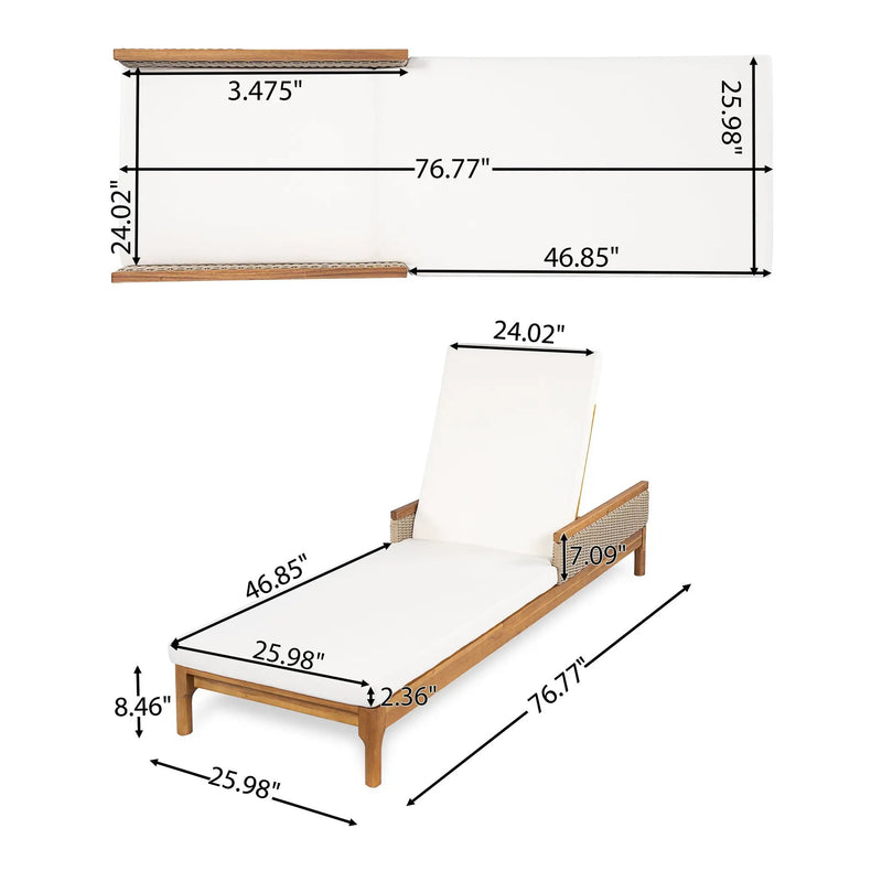 Solid Acacia Wood Sun Lounger with Beige Cushions and Light Grey Wicker by HouseOfZazla