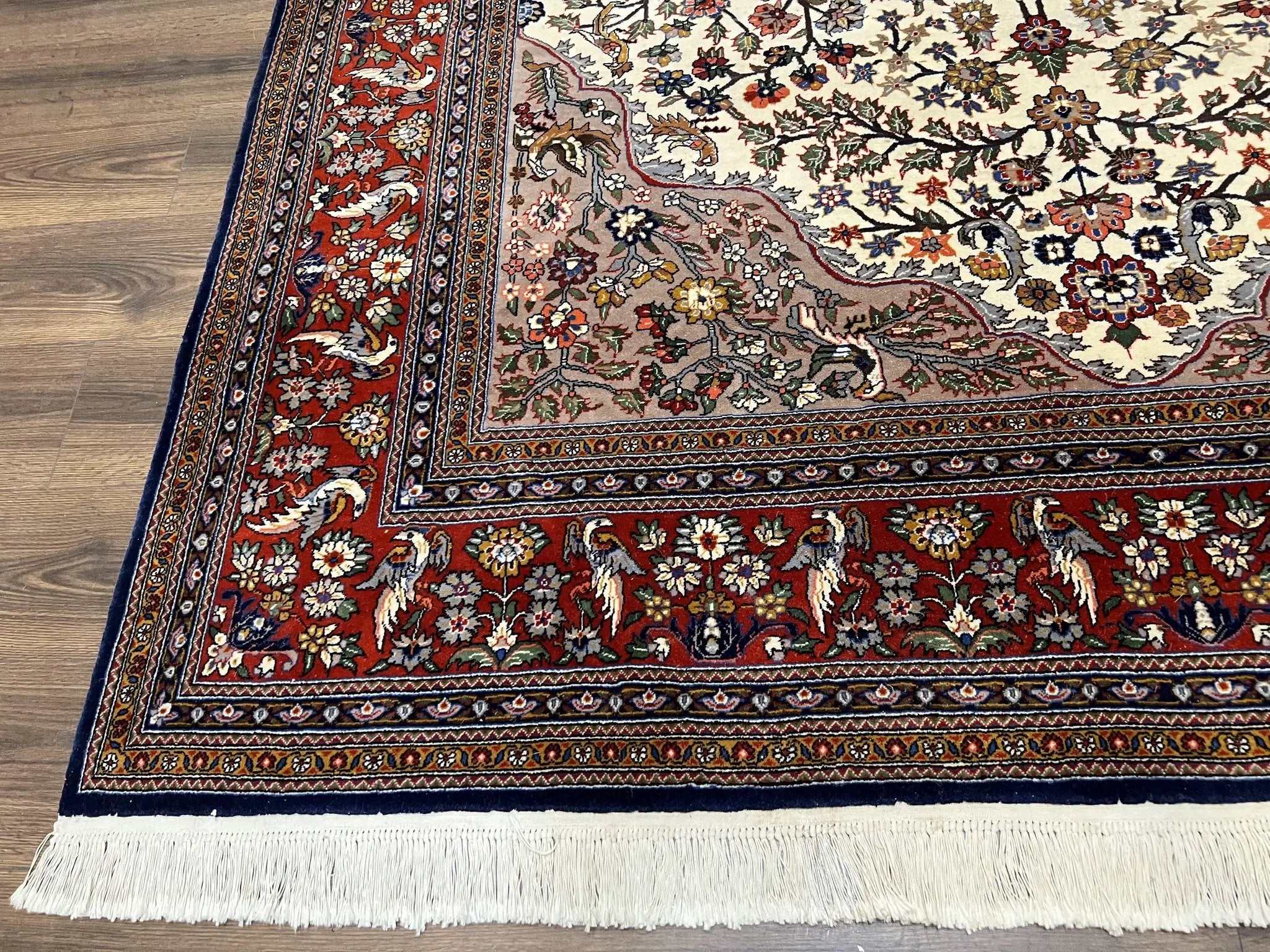 Beautiful Sino Persian Rug 7x10, Circle of Life Tree of Life Rug, Birds, Cream Red Navy Blue Taupe, Wool Silk Accents, Hand Knotted Vintage by Jewel Rugs