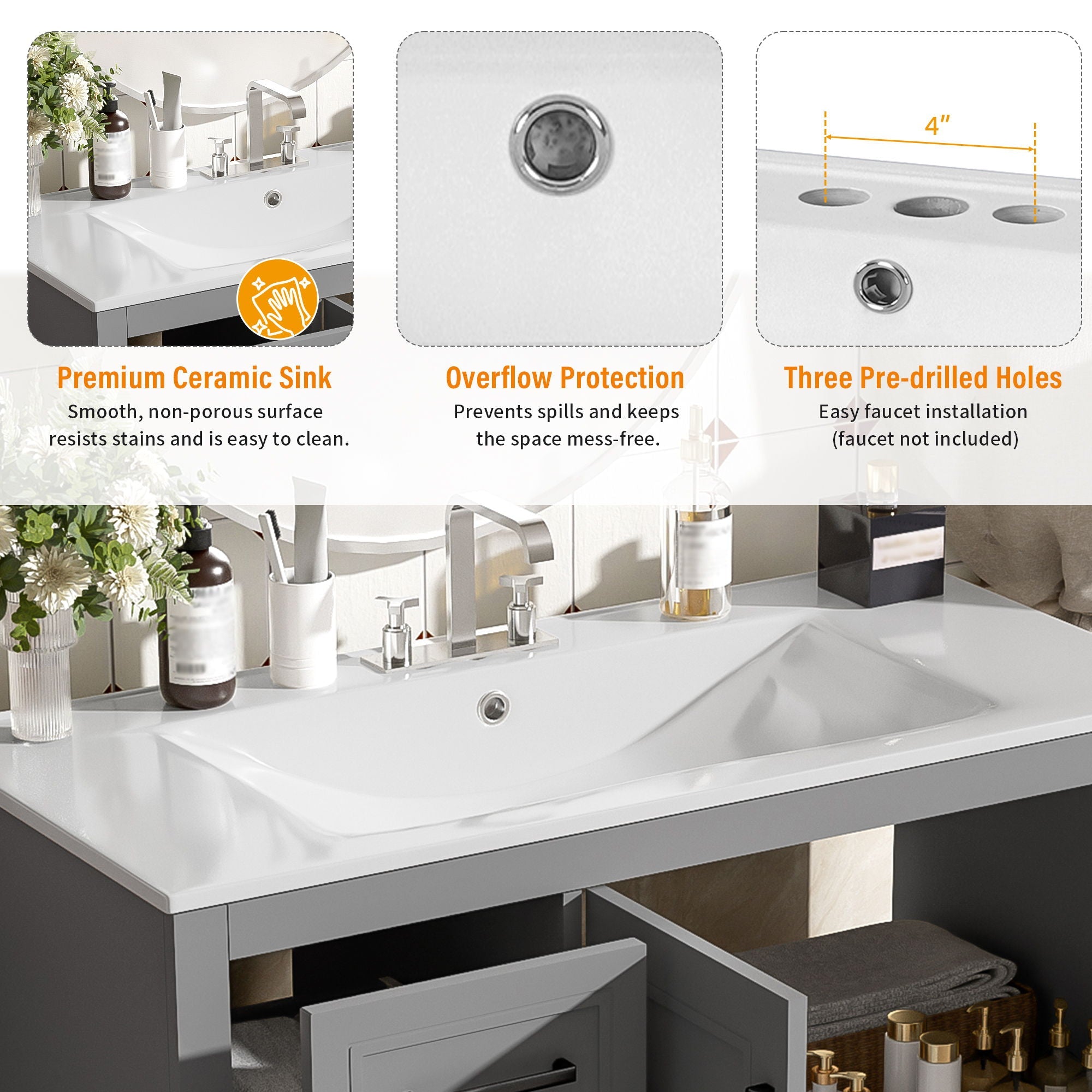 Bathroom Vanity With Sink, Soft Close Doors, Adjustable Shelf & 3 Drawers by HouseOfZazla