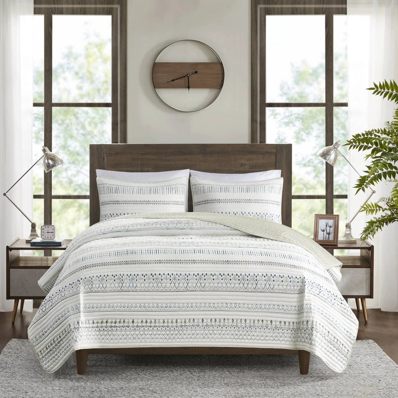 3 Piece Seersucker Quilt Set Taupe Blue King Cal King by HouseOfZazla