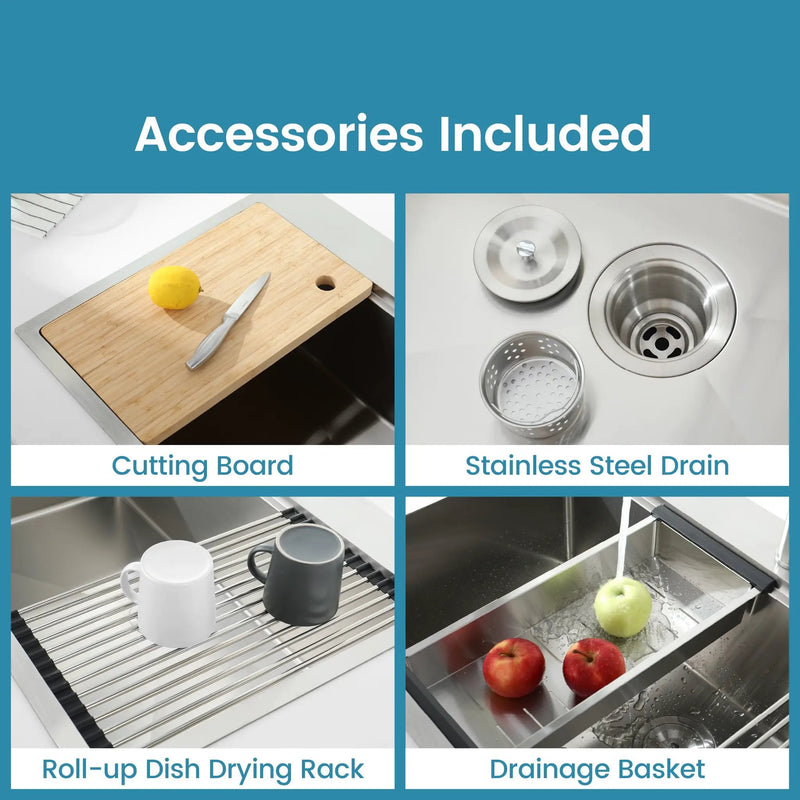 Stainless Steel Kitchen Sink, 33”x22” Single Bowl, Overmount, Brushed Finish by HouseOfZazla