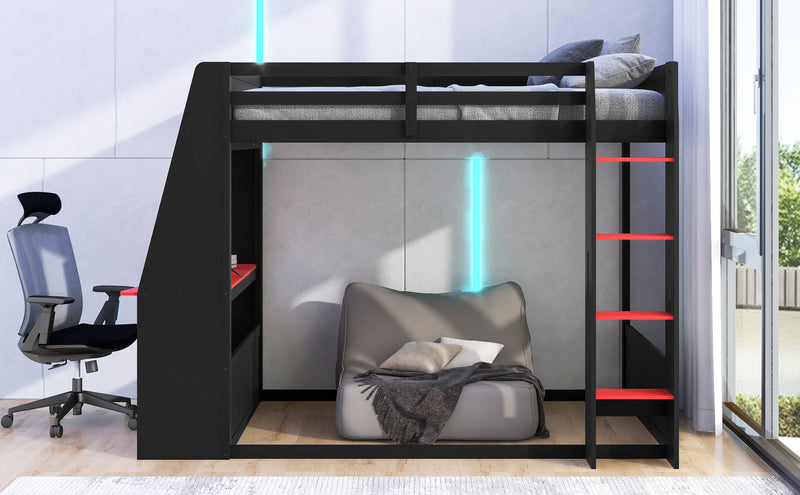 Full Size Wooden Gaming Bunk Bed with Desk, Two Storage Shelves, USB and LED Light by HouseOfZazla