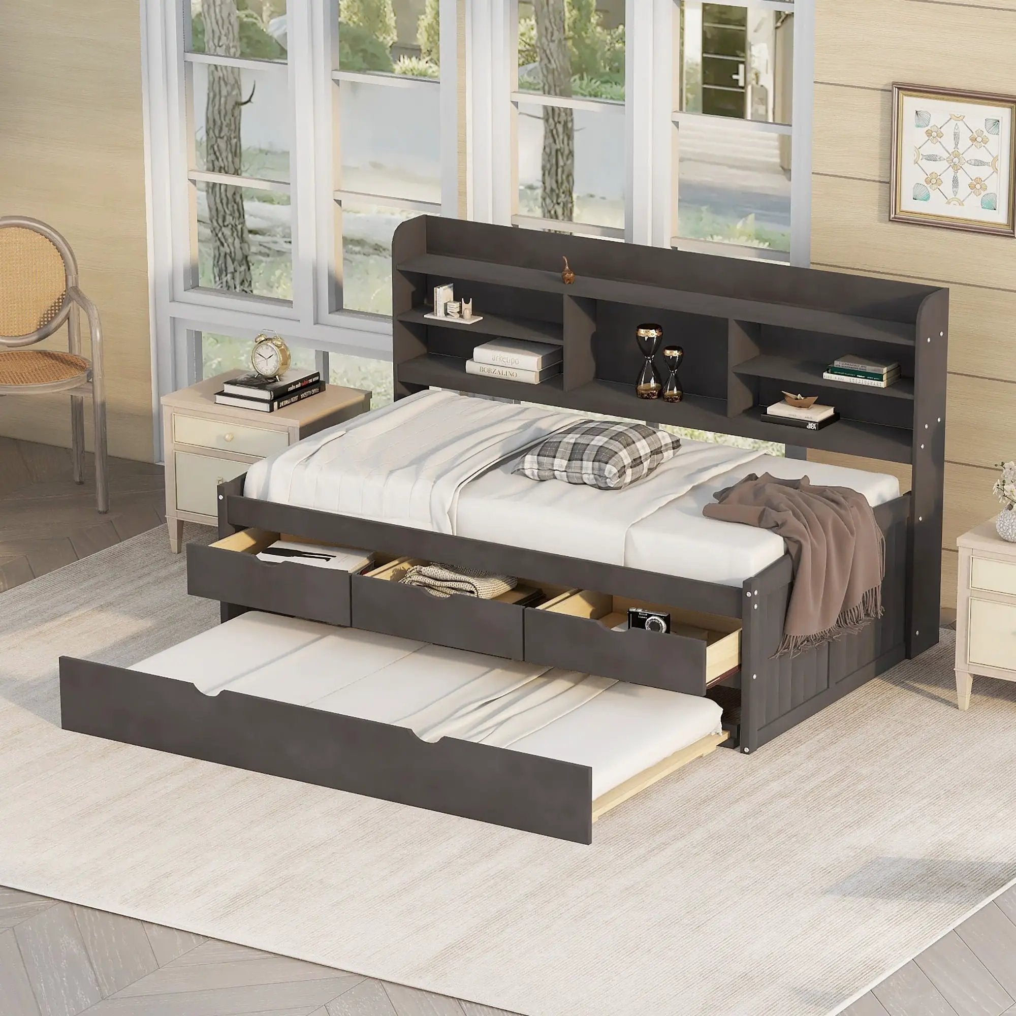 Captain Bed With Built In Bookshelves, 3 Storage Drawers, And Trundle by Unique Piece Furniture