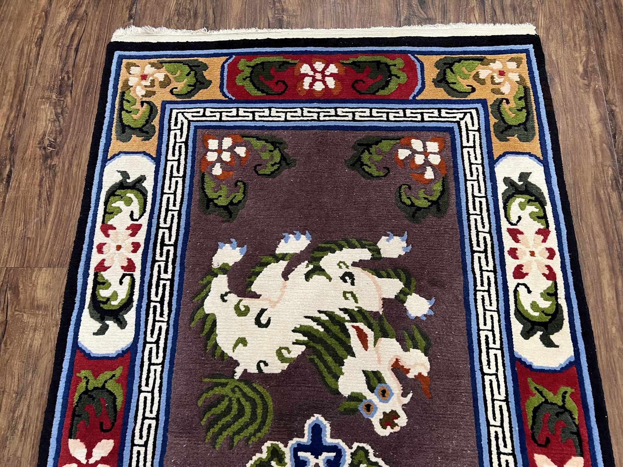 Chinese Art Deco Rug 3 x 5.5 with Animal Pictorials, Vintage Chinese Peking Wool Area Rug, Dark Puce Maroon Ivory, Hand Knotted Soft Carpet by Jewel Rugs