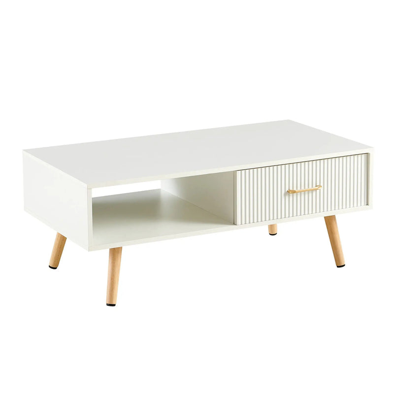 Modern Rectangle Coffee Table With Legs, Sliding Drawer For Storage - White by HouseOfZazla