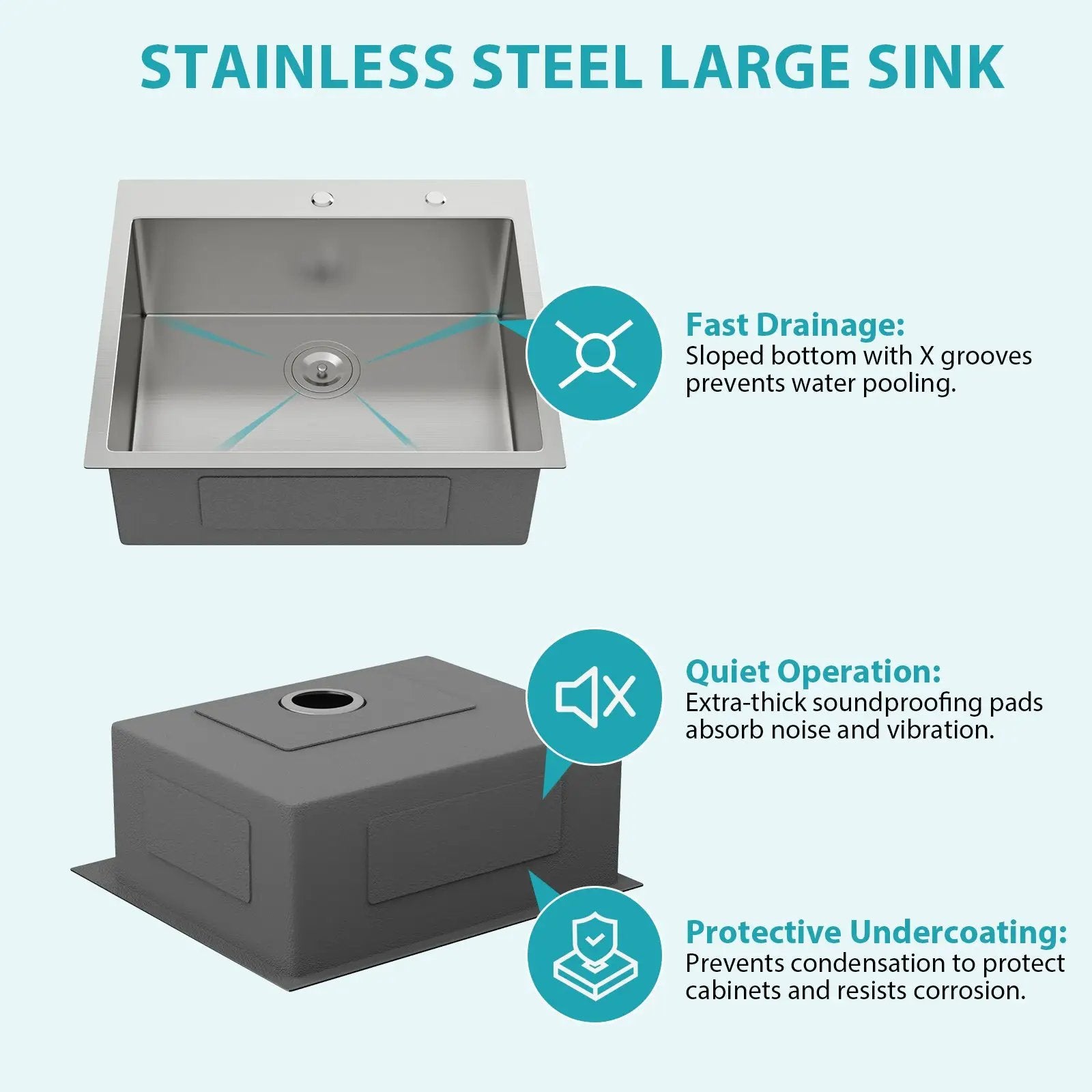 25 x 22 x 9 Inch Kitchen Sink Drop-In 16 Gauge Stainless Steel Single Bowl by HouseOfZazla