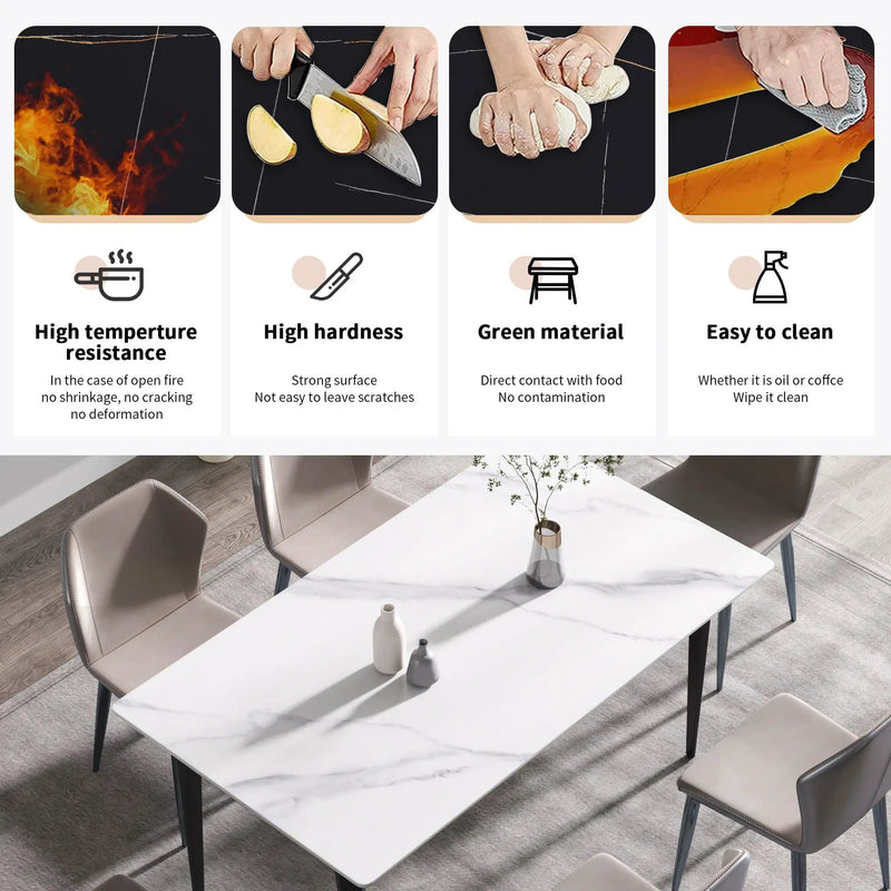 63" Modern Artificial Stone White Straight Edge Black Metal Leg Dining Table, 6 People - White / Black by HouseOfZazla