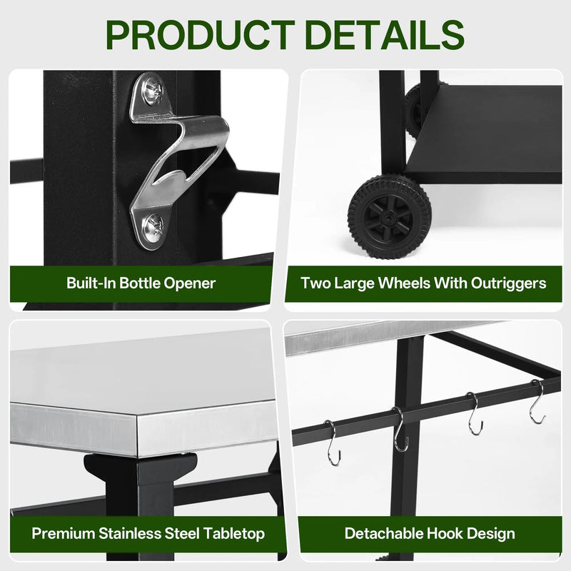 2-Tier Outdoor Grill Cart with Stainless Steel Top, Large Wheels & Tool Hooks by HouseOfZazla