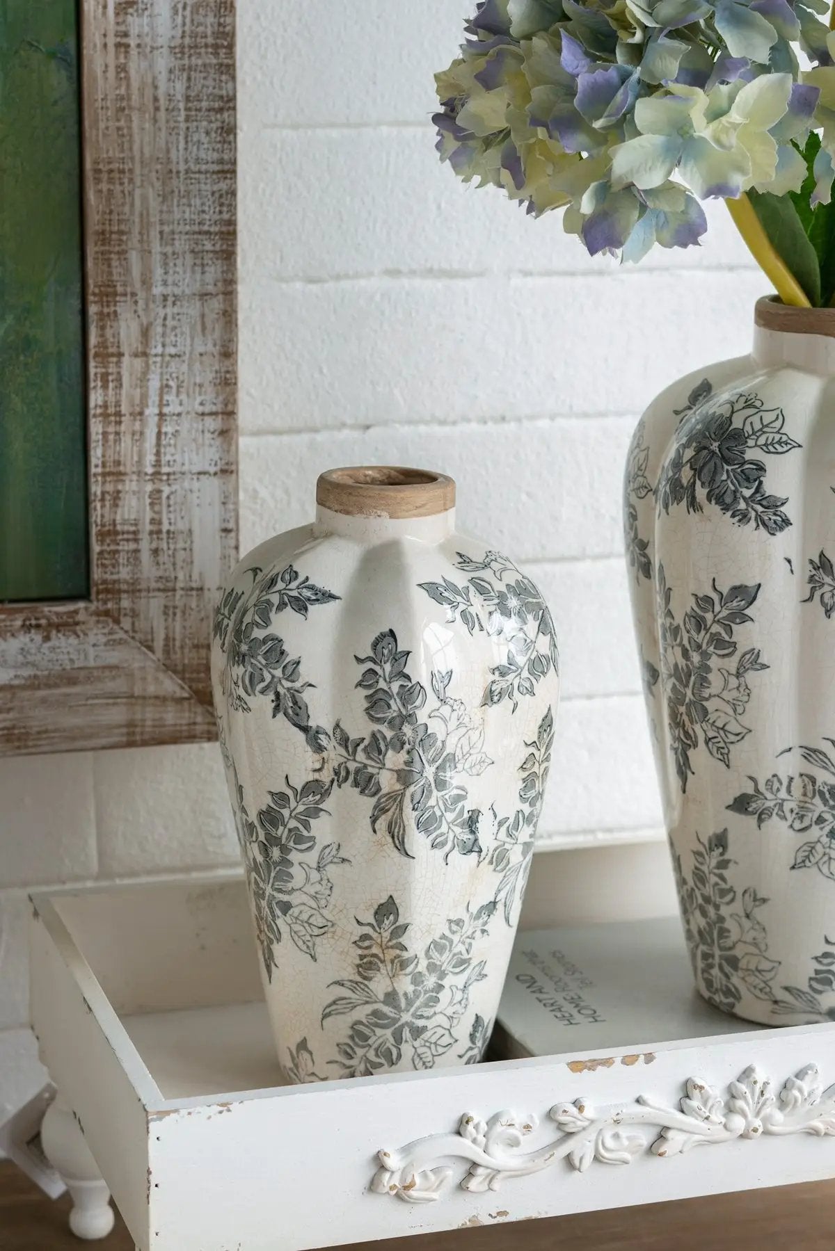 6.7x6.7x11.6' White Ceramic Accent Vase with Gray Floral Design by HouseOfZazla