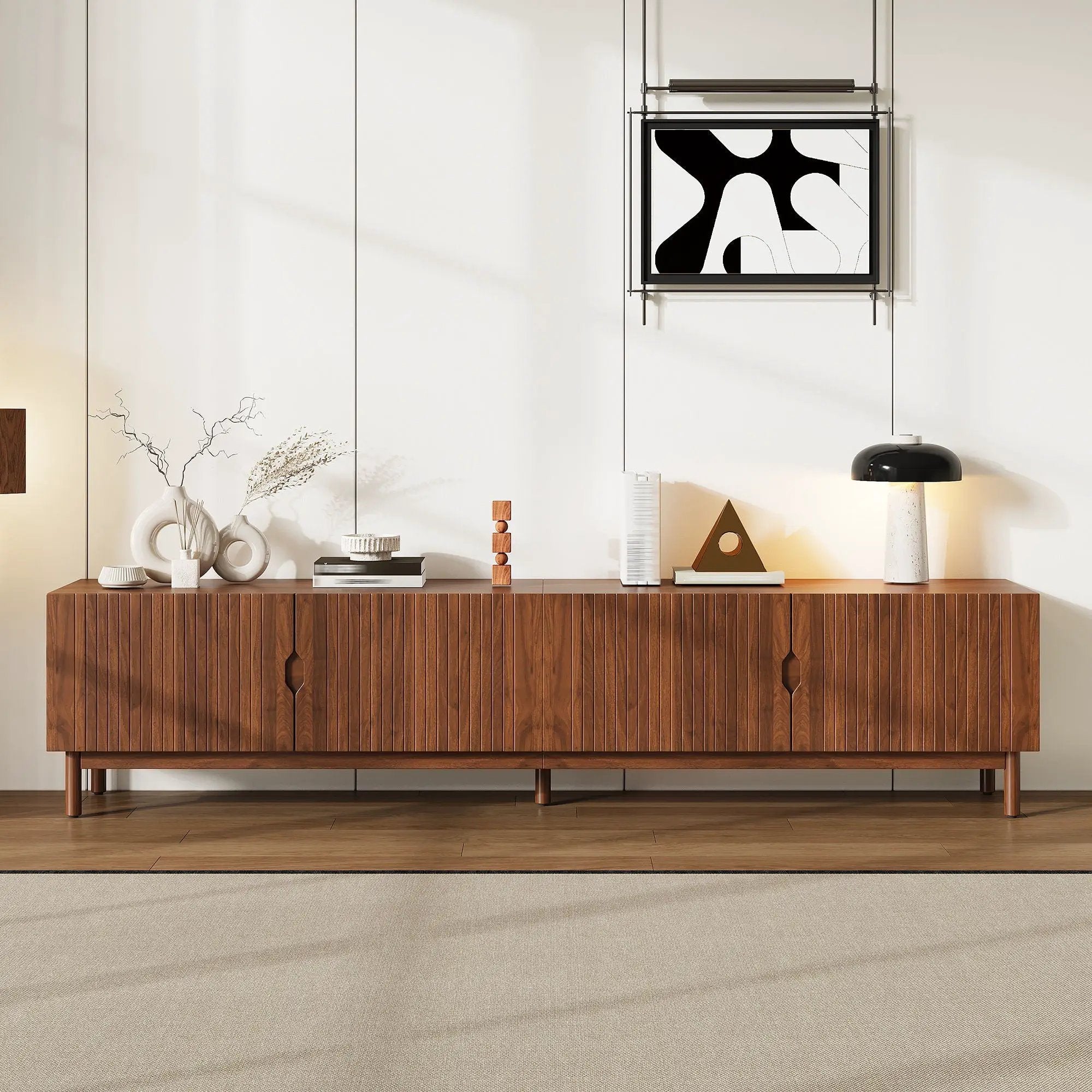 TV Stand With Legs, Media Console, 4 Cabinets For Living Room - Natural Wood by Unique Piece Furniture
