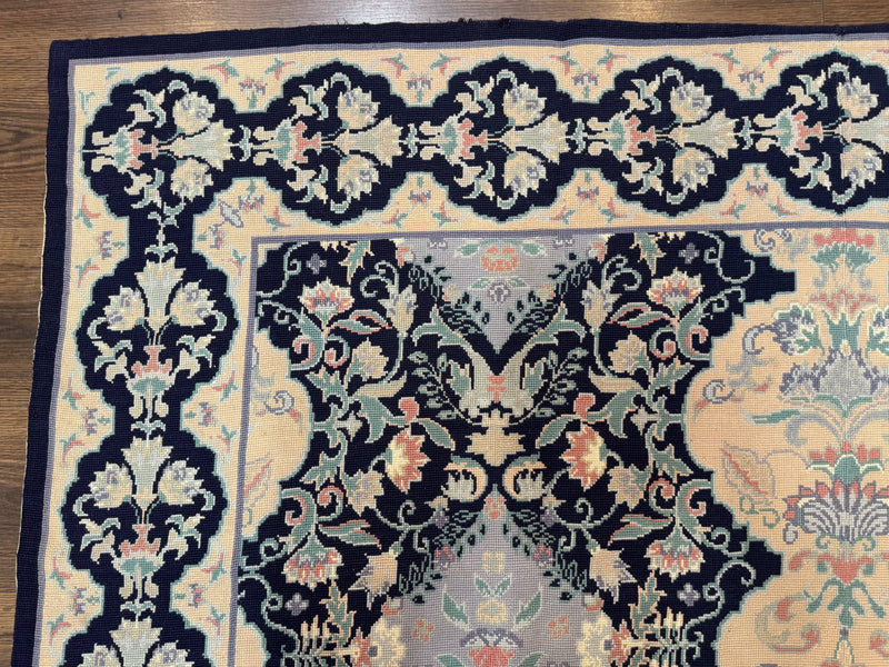Needlepoint Rug 6x9, Ivory and Navy Blue by Jewel Rugs