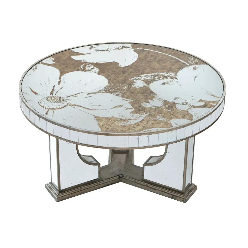 Round Table With Elegant Foral Design And Mirrored by Unique Piece Furniture