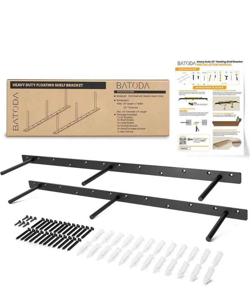 Open box BATODA 32" Heavy Duty Floating Shelf Bracket (2 pcs) – Solid Steel Blind Shelf Supports - Hidden Brackets for Floating Wood Shelves Kitchen, by Selzalot