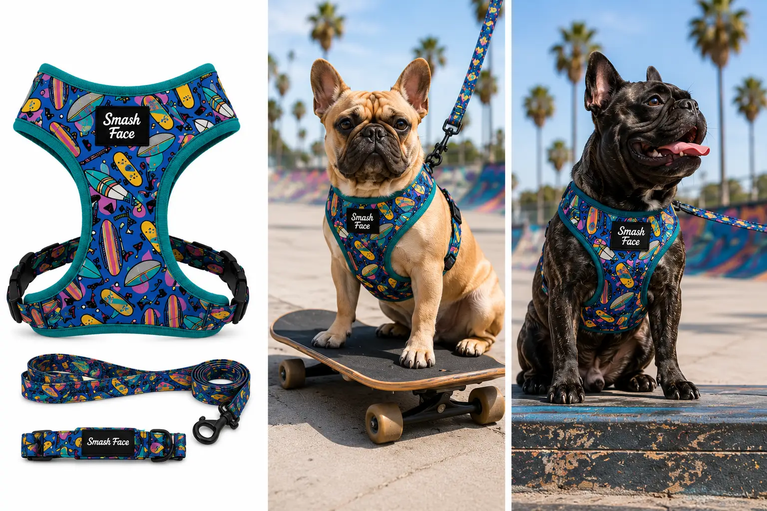 Totally Radical Reversible Dog Harness, Collar & Leash Set | Retro Gamer & Surf Skate Print | French Bulldog Harness by HouseOfZazla