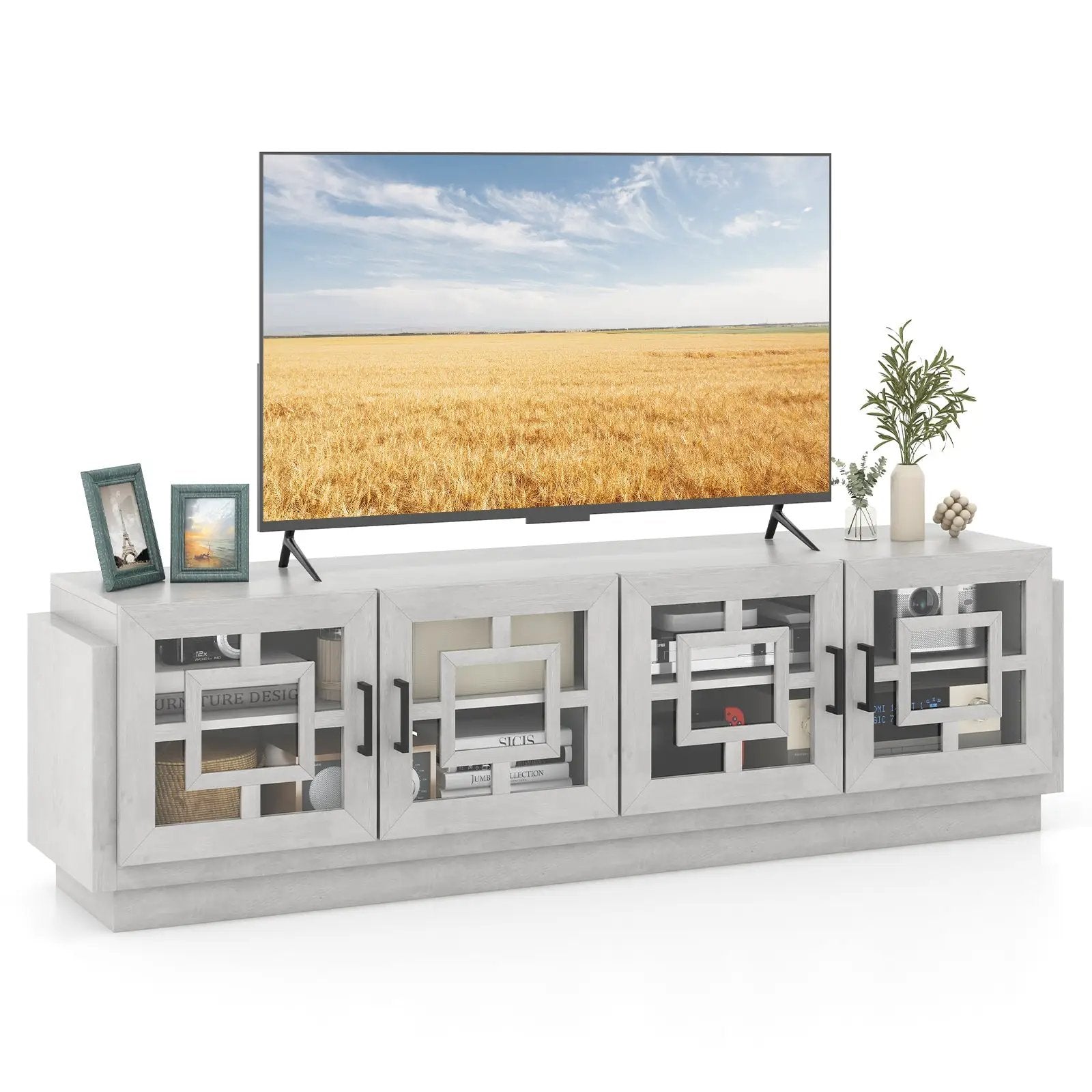 4-Door TV Stand for TVs up to 75 Inch Media Console Table with Adjustable Shelves-Oak by DirectDeals