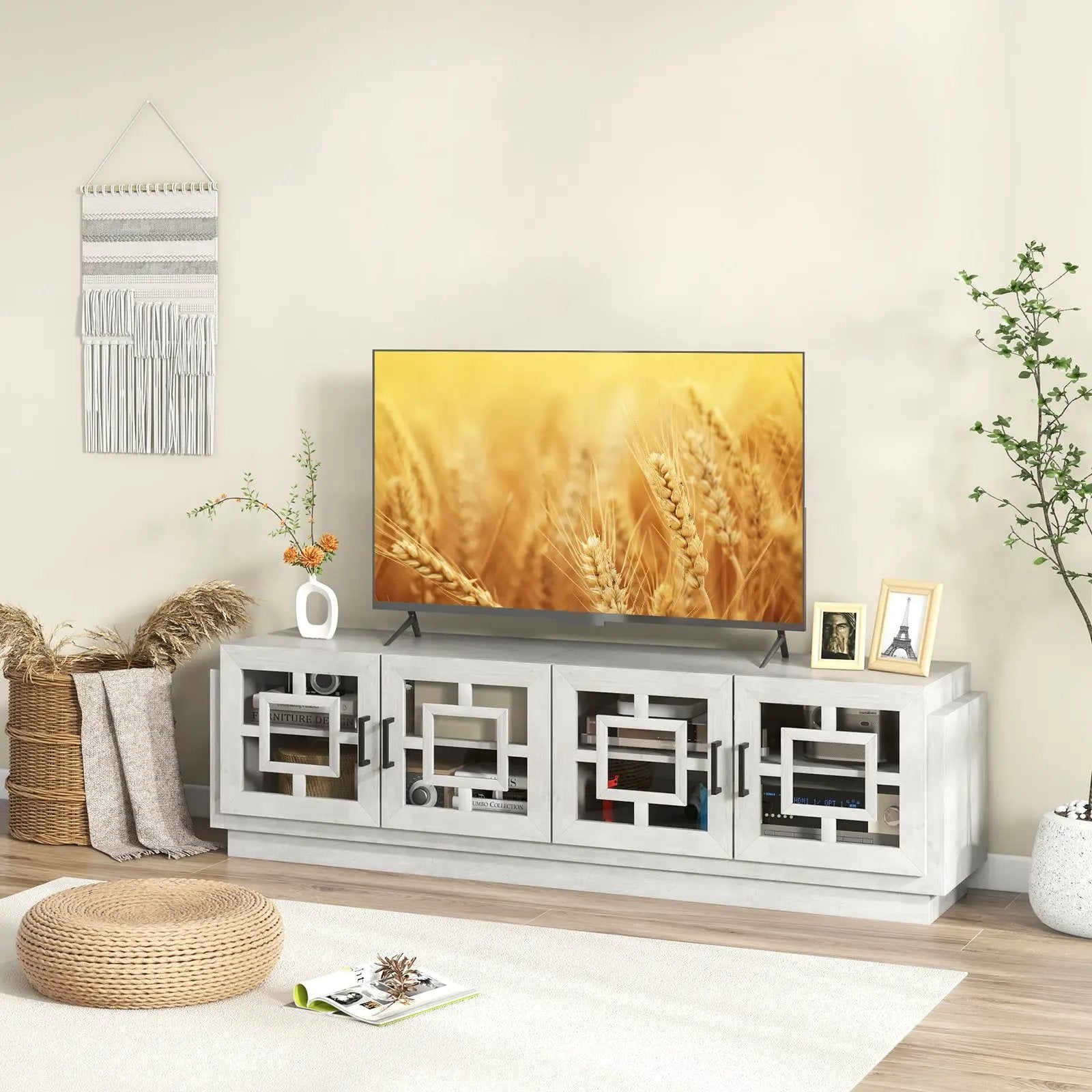 4-Door TV Stand for TVs up to 75 Inch Media Console Table with Adjustable Shelves-Oak by DirectDeals