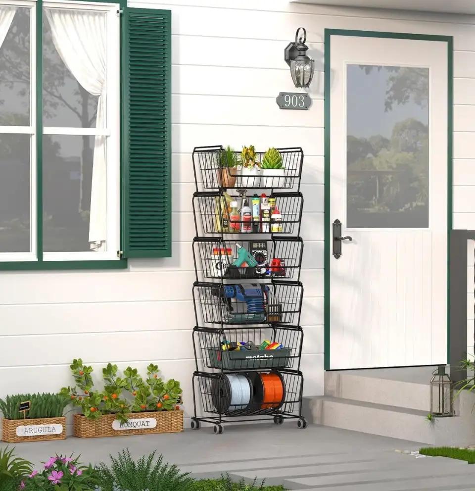 Open box PUSDON Stackable Metal Storage Carts, Dual Use Shelf for Kitchen Fruit Vegetable Baskets with Wheels, Storage Rack for Living Room, Home & Of by Selzalot
