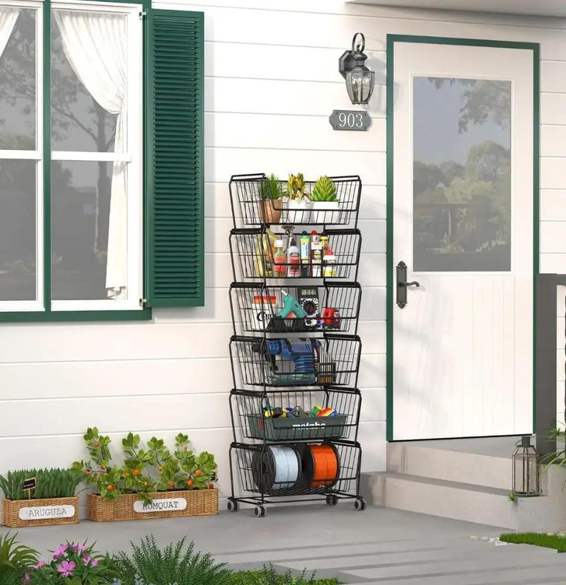 Open box PUSDON Stackable Metal Storage Carts, Dual Use Shelf for Kitchen Fruit Vegetable Baskets with Wheels, Storage Rack for Living Room, Home & Of by Selzalot