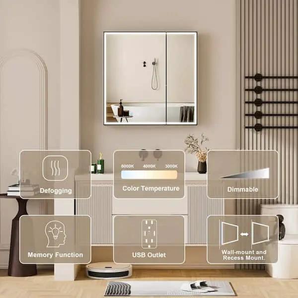 Open Box FORCLOVER 30 in. W x 30 in. H Rectangular Black Aluminum Recessed/Surface Mount LED Medicine Cabinet with Mirror,Outlet,Soft Close by Selzalot