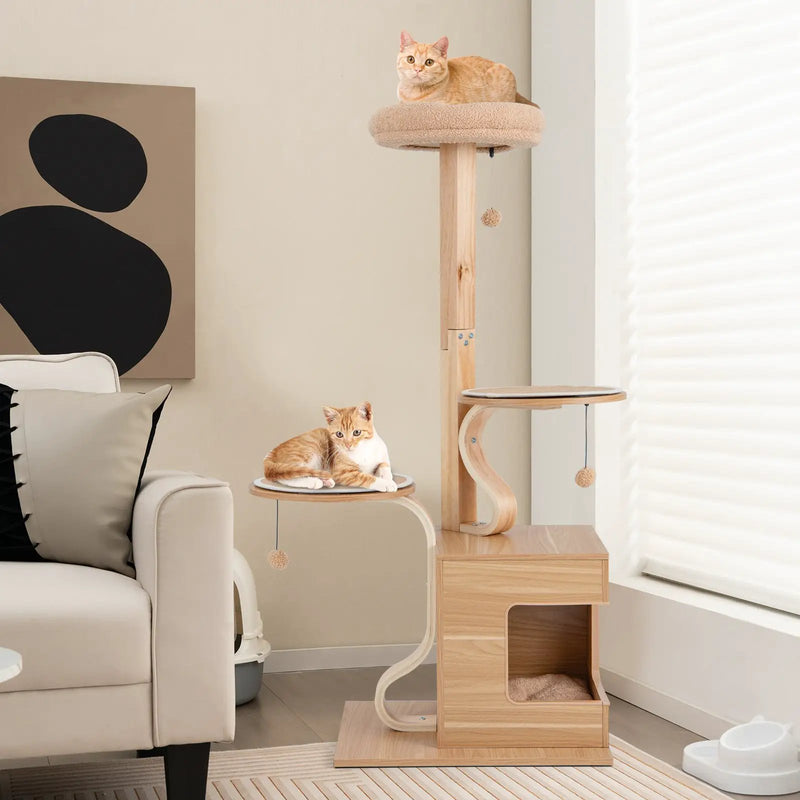 4-Layer Wooden Cat Tree 51 Inch Tall Cat Tower with Condo and Washable Cushions-Natural by DirectDeals