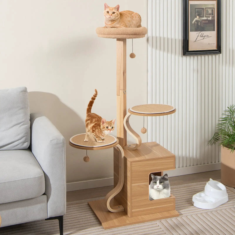 4-Layer Wooden Cat Tree 51 Inch Tall Cat Tower with Condo and Washable Cushions-Natural by DirectDeals
