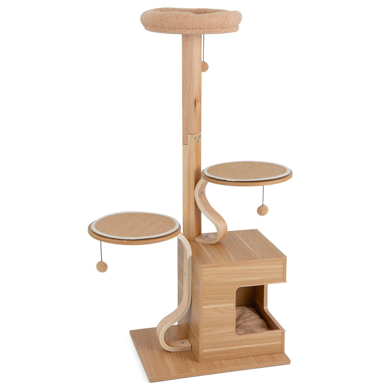 4-Layer Wooden Cat Tree 51 Inch Tall Cat Tower with Condo and Washable Cushions-Natural by DirectDeals