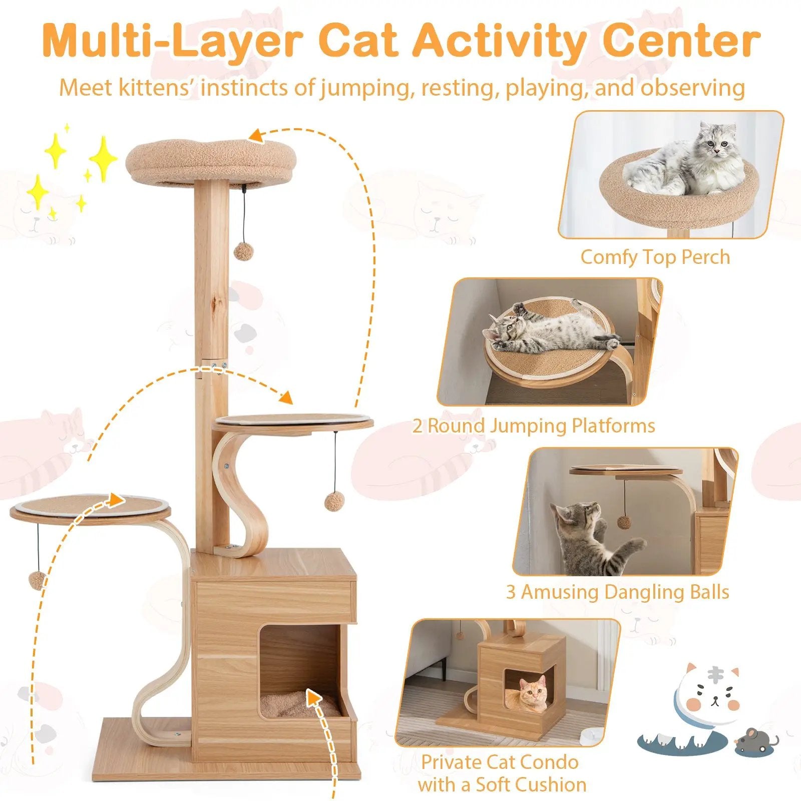 4-Layer Wooden Cat Tree 51 Inch Tall Cat Tower with Condo and Washable Cushions-Natural by DirectDeals