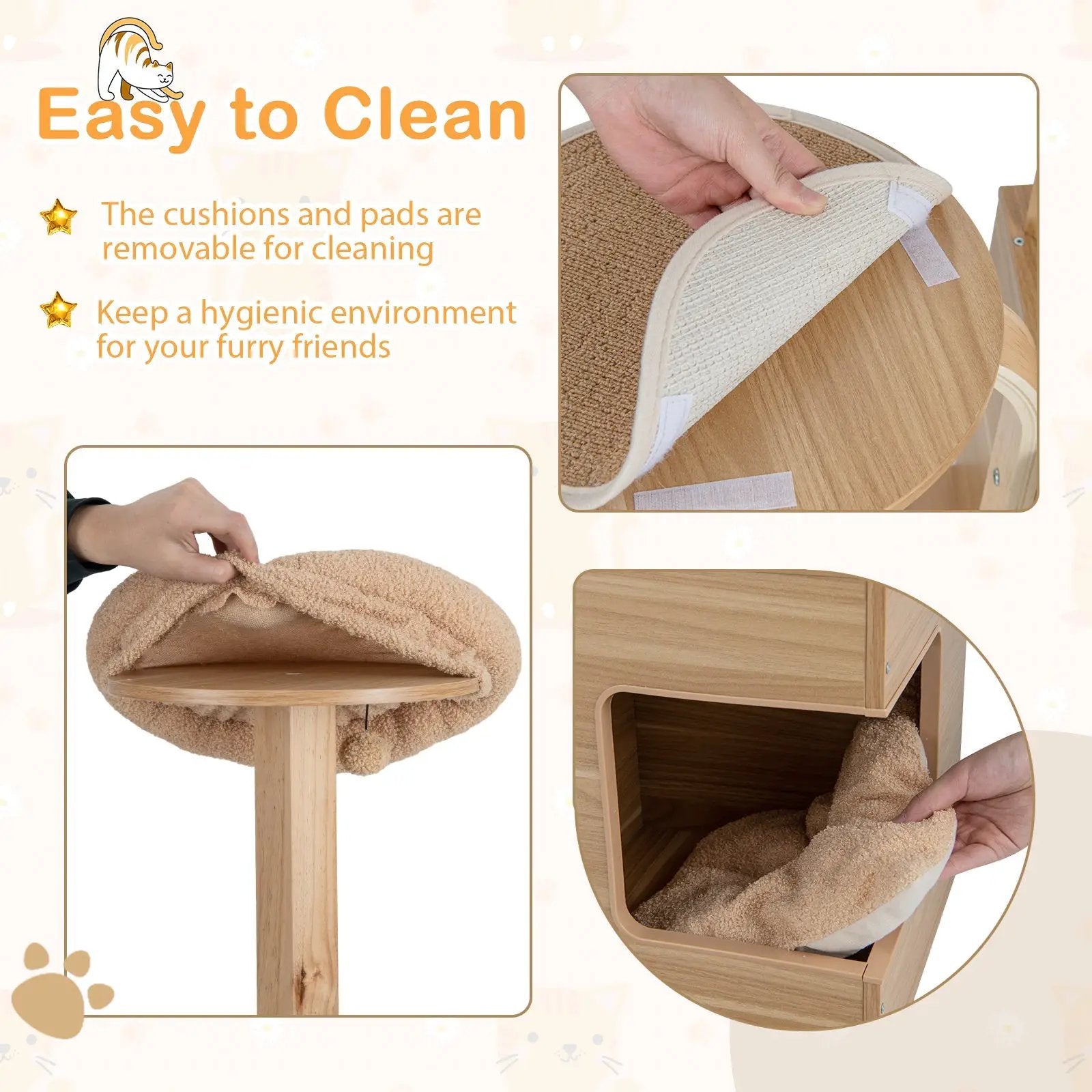 4-Layer Wooden Cat Tree 51 Inch Tall Cat Tower with Condo and Washable Cushions-Natural by DirectDeals