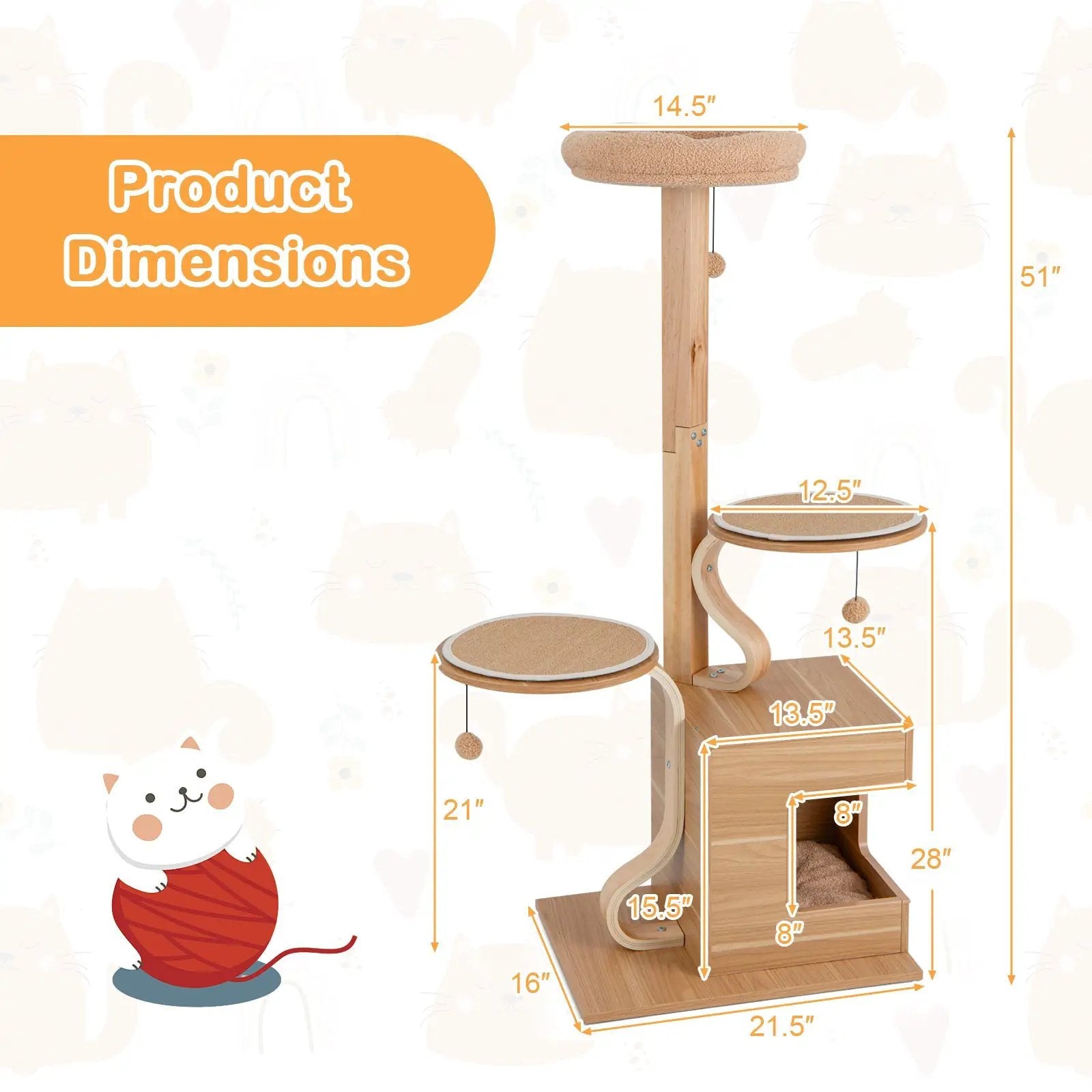 4-Layer Wooden Cat Tree 51 Inch Tall Cat Tower with Condo and Washable Cushions-Natural by DirectDeals
