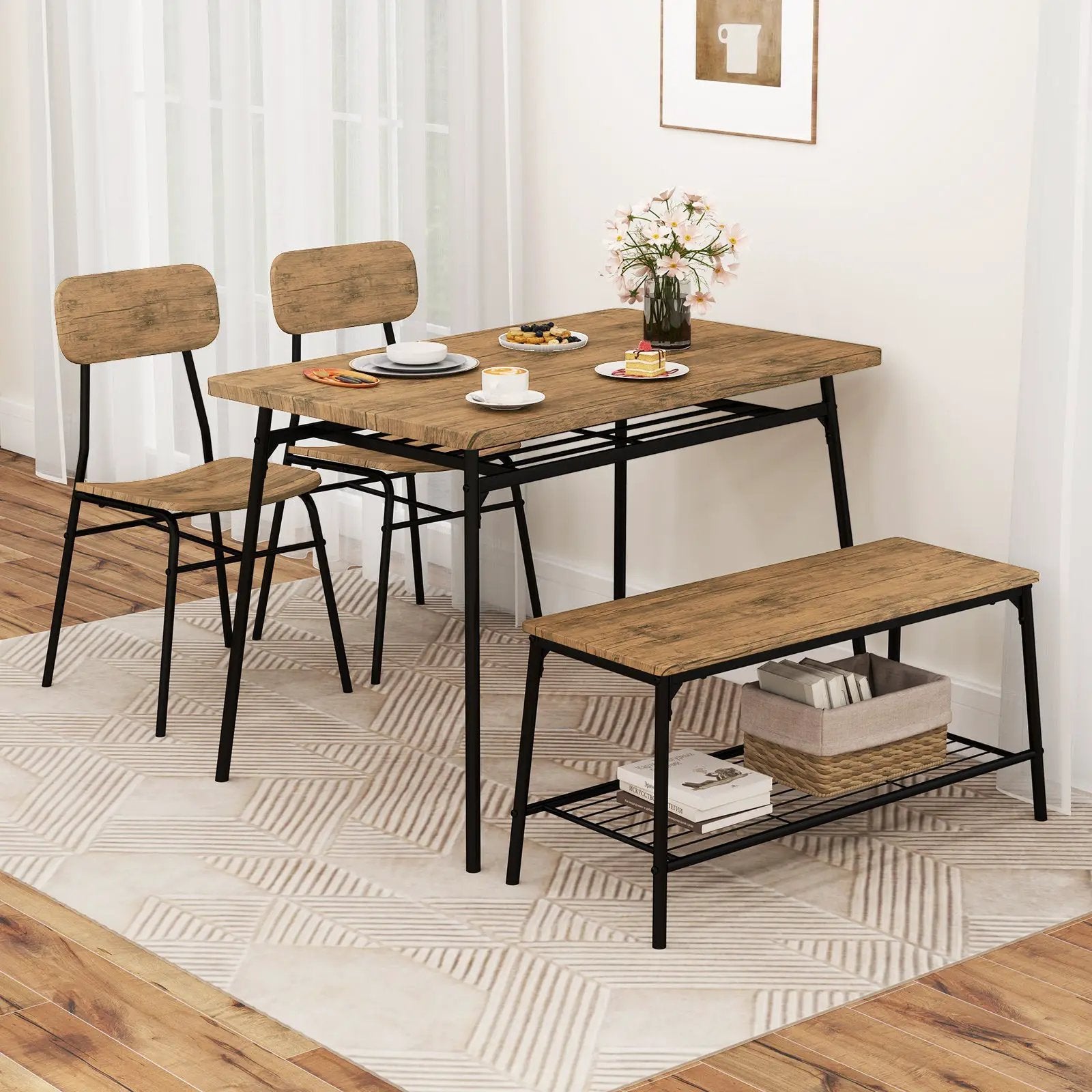 4 Piece Dining Table Set for 4 Metal Frame with Bench and 2 Chairs-Brown by DirectDeals