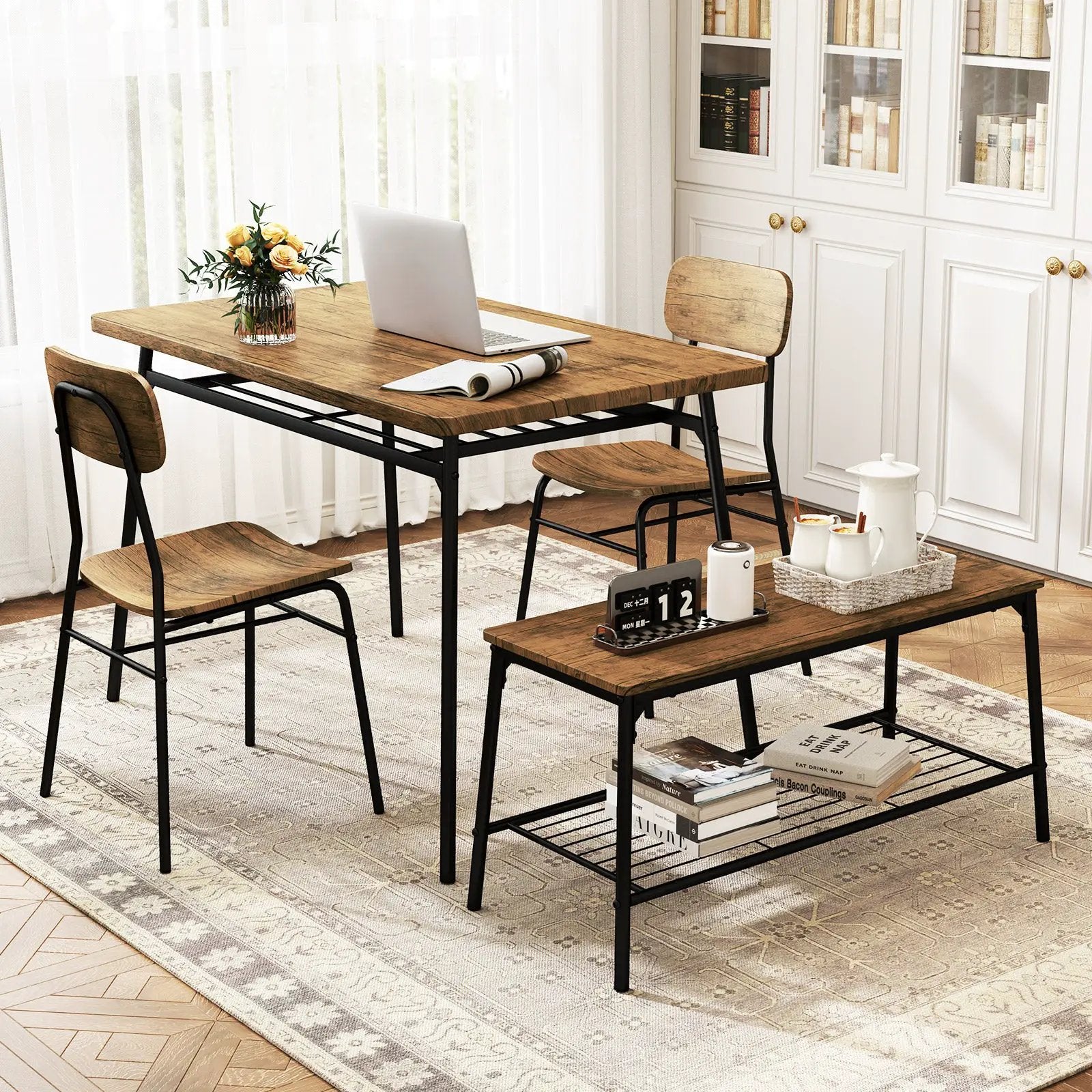 4 Piece Dining Table Set for 4 Metal Frame with Bench and 2 Chairs-Brown by DirectDeals