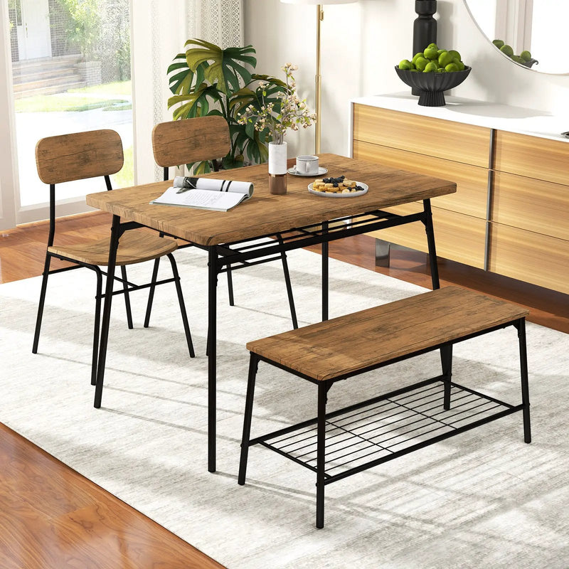 4 Piece Dining Table Set for 4 Metal Frame with Bench and 2 Chairs-Brown by DirectDeals
