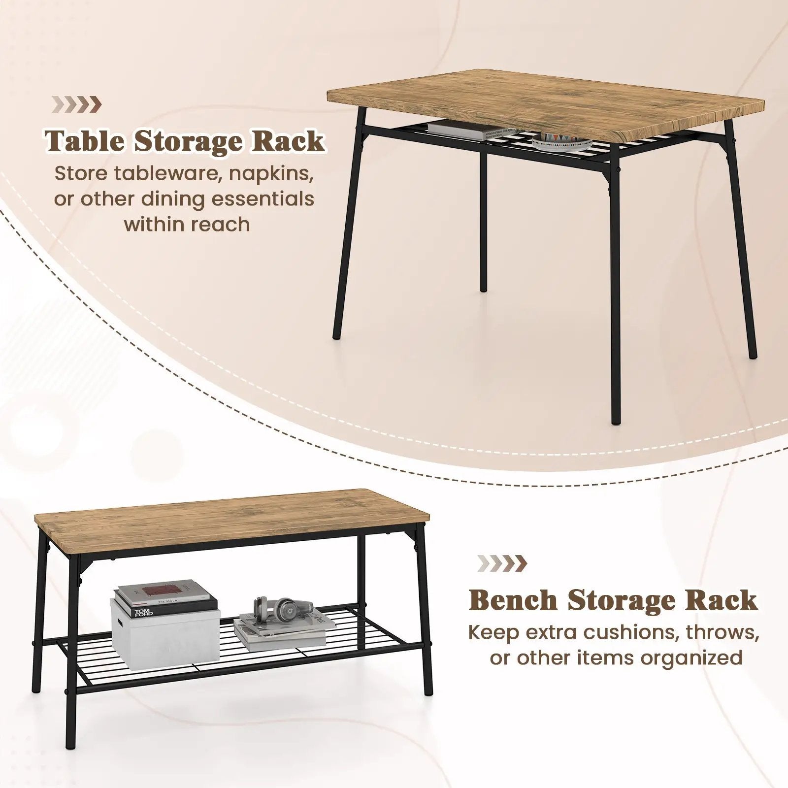 4 Piece Dining Table Set for 4 Metal Frame with Bench and 2 Chairs-Brown by DirectDeals