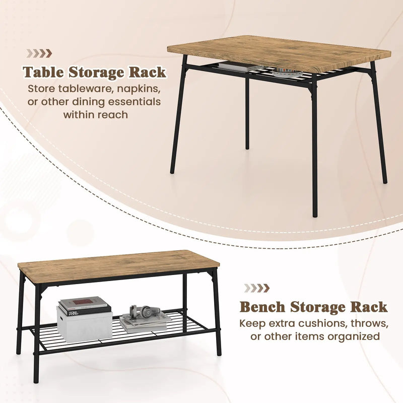 4 Piece Dining Table Set for 4 Metal Frame with Bench and 2 Chairs-Brown by DirectDeals