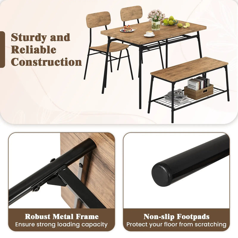 4 Piece Dining Table Set for 4 Metal Frame with Bench and 2 Chairs-Brown by DirectDeals